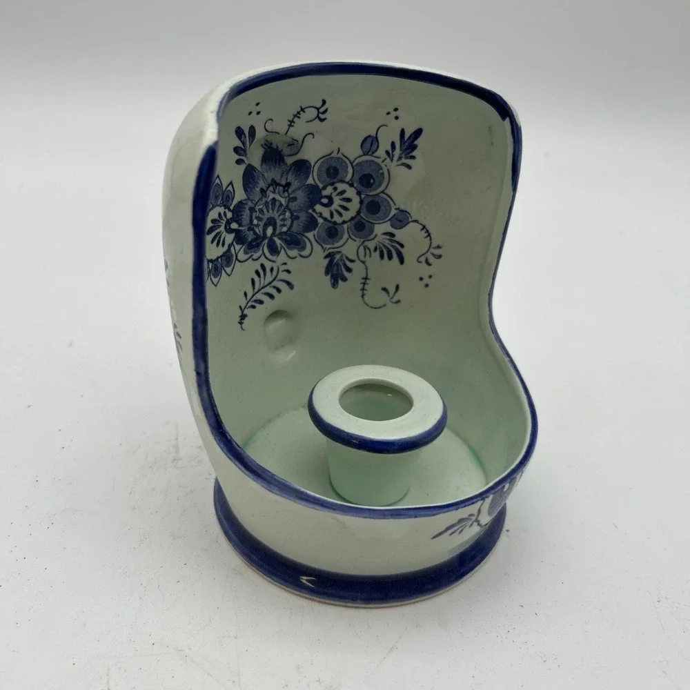 Delft Holland Ceramic Candle Holder Hand Painted Blue & White Floral 5.5 MCM Vtg